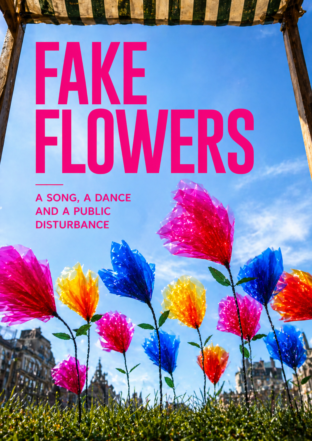 Concept image for The Flower Show showing bright artificial flowers in a public setting.